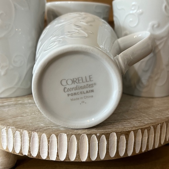 Corning Corelle Coordinates Bella Faenza White Embossed Porcelain Mugs Set of 4 - Picture 4 of 5